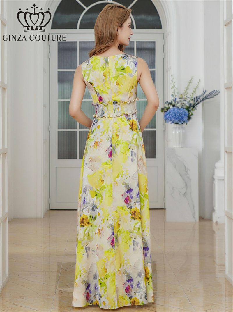 ERUKEI エルケイ イエロー ノースリーブ・シワ加工サテン・フラワー柄・花柄・プリント・ウエストリブ・Aライン・ロングドレス ek-c25105