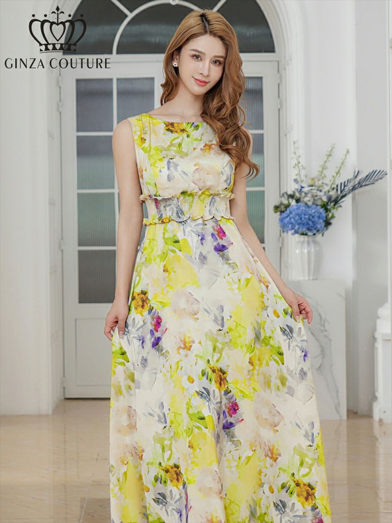 ERUKEI エルケイ イエロー ノースリーブ・シワ加工サテン・フラワー柄・花柄・プリント・ウエストリブ・Aライン・ロングドレス ek-c25105ERUKEI エルケイ イエロー ノースリーブ・シワ加工サテン・フラワー柄・花柄・プリント・ウエストリブ・Aライン・ロングドレス ek-c25105