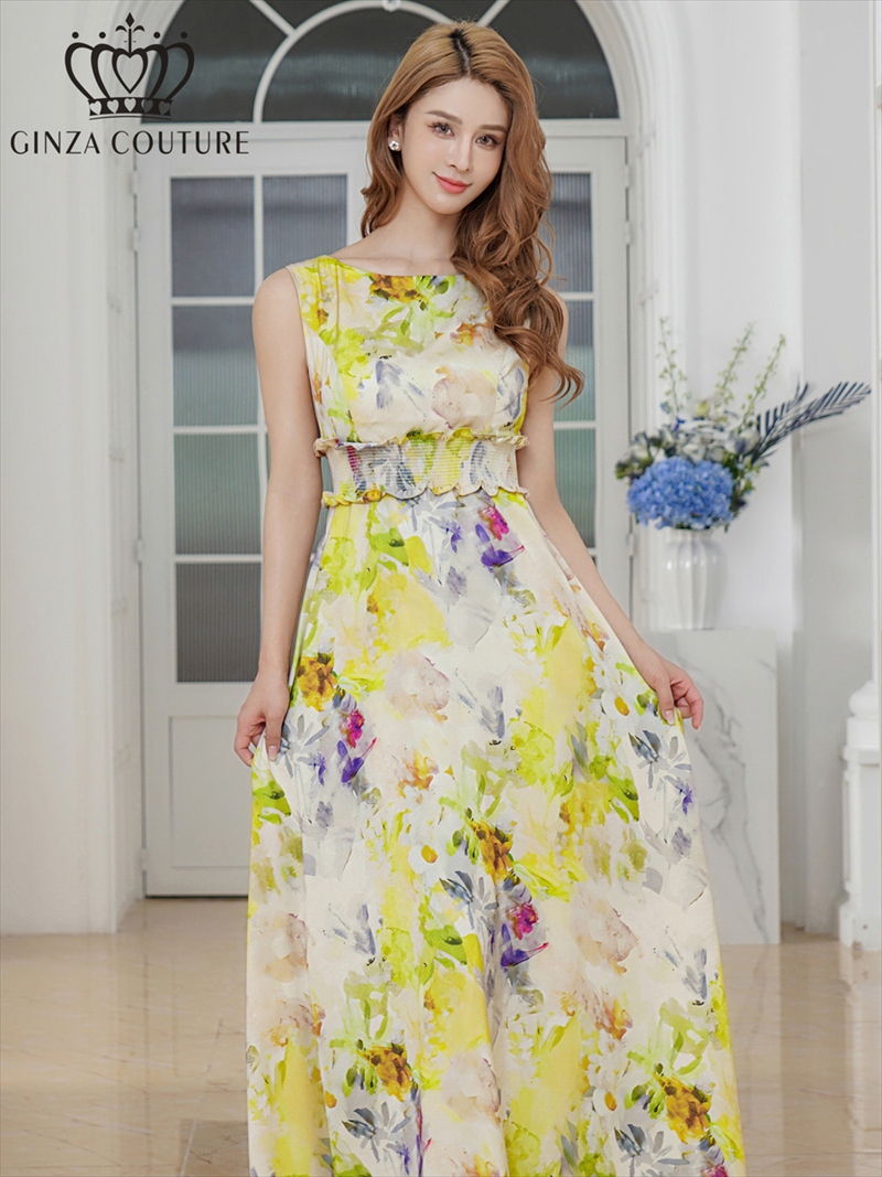 ERUKEI エルケイ イエロー ノースリーブ・シワ加工サテン・フラワー柄・花柄・プリント・ウエストリブ・Aライン・ロングドレス ek-c25105ERUKEI エルケイ イエロー ノースリーブ・シワ加工サテン・フラワー柄・花柄・プリント・ウエストリブ・Aライン・ロングドレス ek-c25105