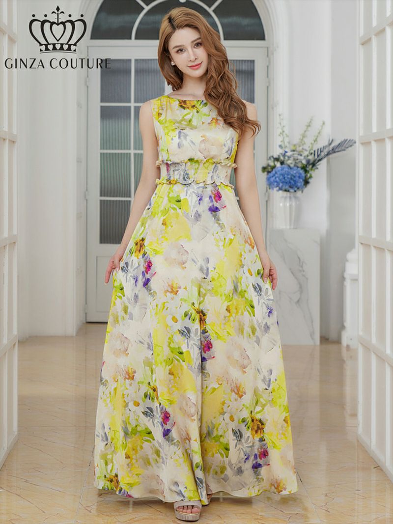 ERUKEI エルケイ イエロー ノースリーブ・シワ加工サテン・フラワー柄・花柄・プリント・ウエストリブ・Aライン・ロングドレス ek-c25105