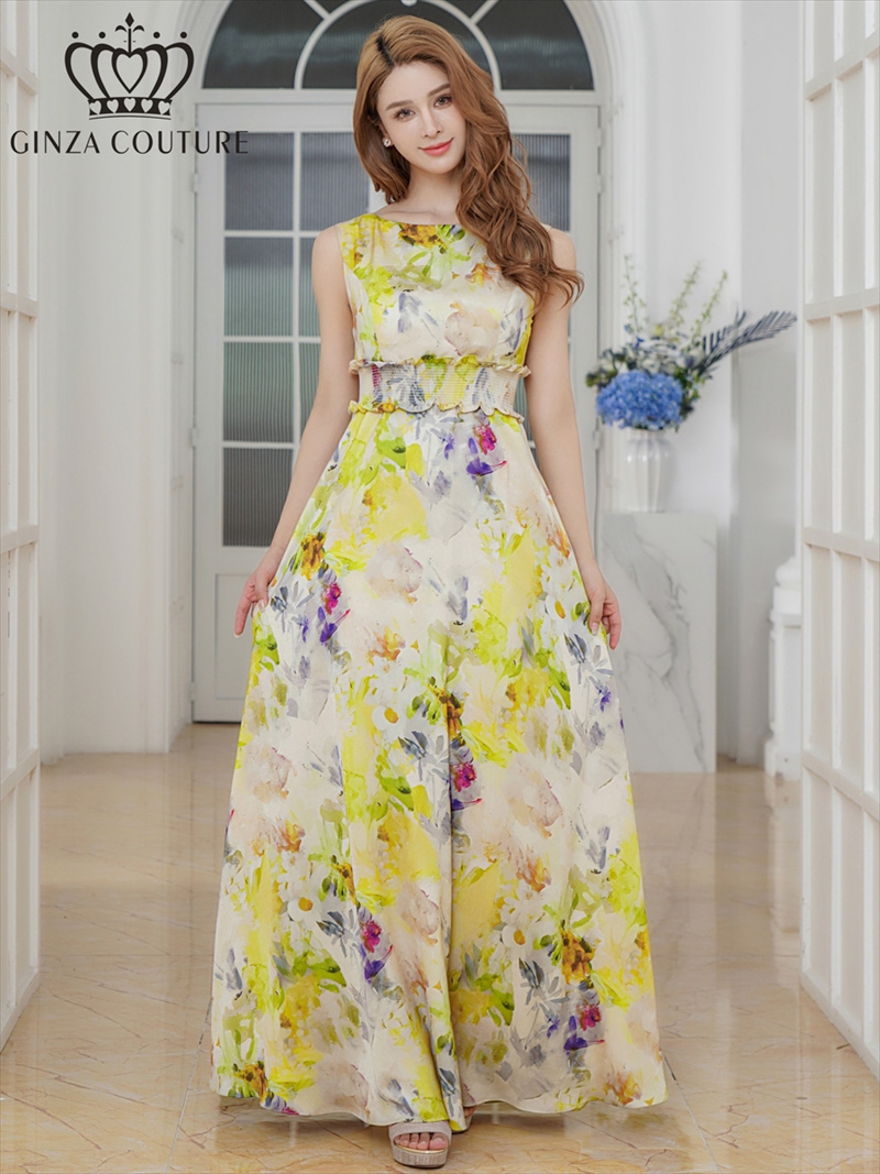 ERUKEI エルケイ イエロー ノースリーブ・シワ加工サテン・フラワー柄・花柄・プリント・ウエストリブ・Aライン・ロングドレス ek-c25105