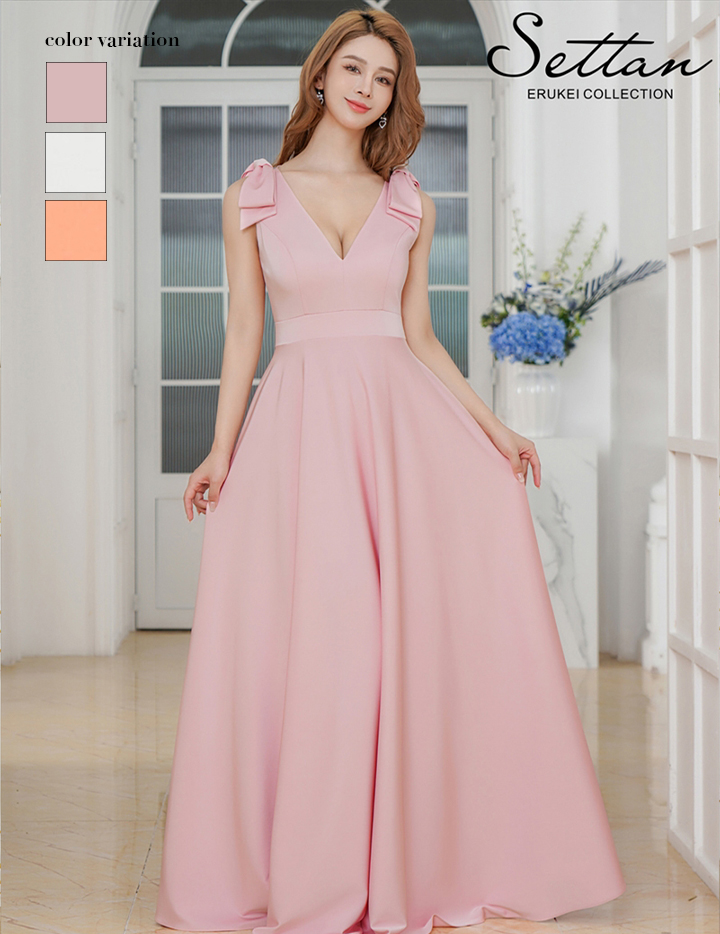 ERUKEI エルケイ Vネック・ノースリーブ・シンプル・サテン・上品・肩リボン・切替・Aライン・ロングドレス ek-s25158