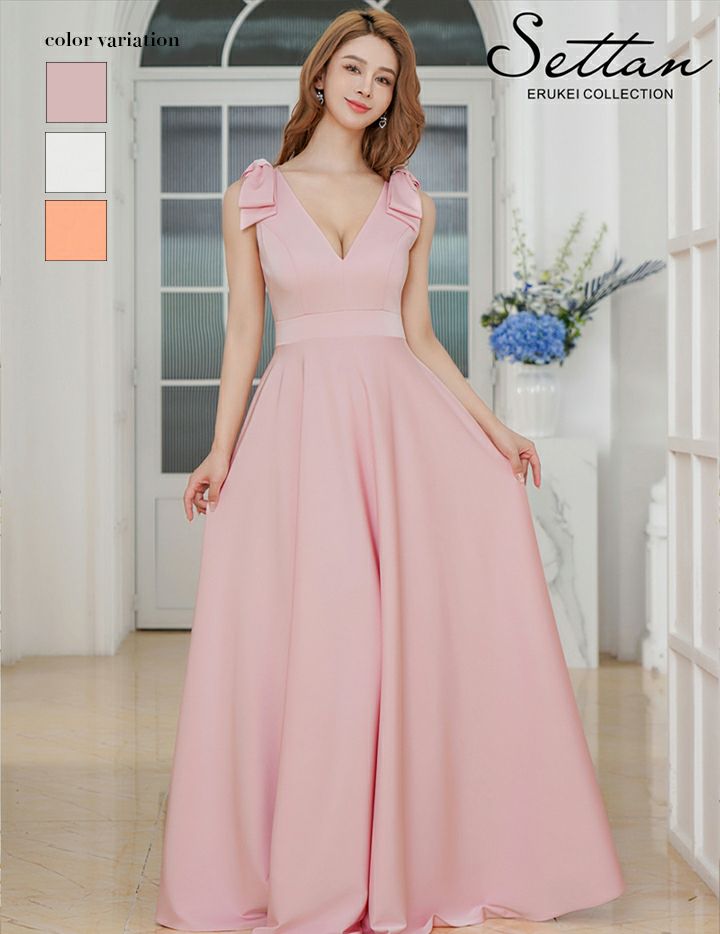 ERUKEI エルケイ Vネック・ノースリーブ・シンプル・サテン・上品・肩リボン・切替・Aライン・ロングドレス ek-s25158