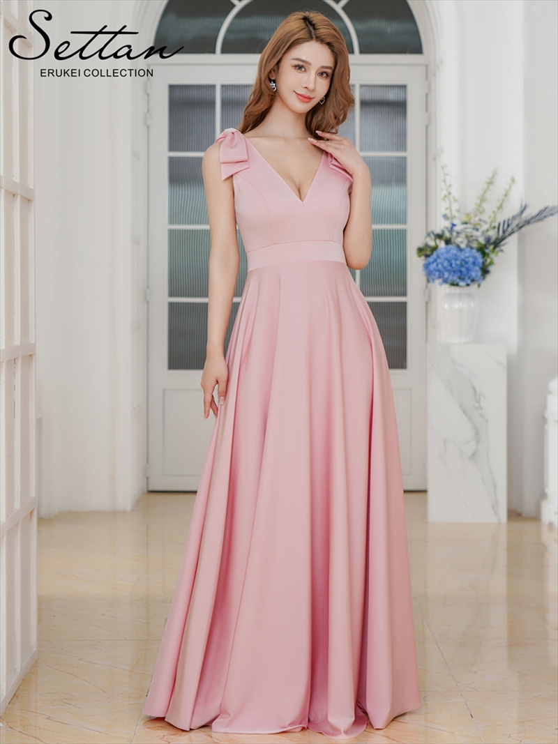 ERUKEI エルケイ ライトピンク Vネック・ノースリーブ・シンプル・サテン・上品・肩リボン・切替・Aライン・ロングドレス ek-s25158