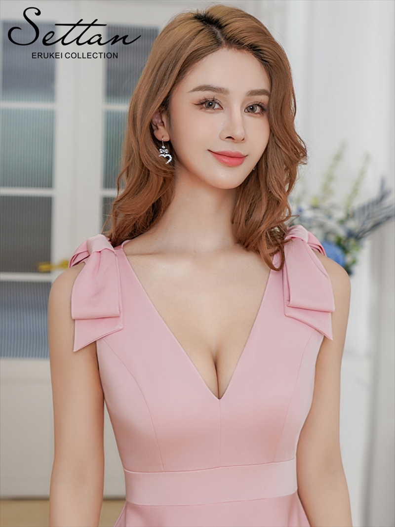 ERUKEI エルケイ ライトピンク Vネック・ノースリーブ・シンプル・サテン・上品・肩リボン・切替・Aライン・ロングドレス ek-s25158