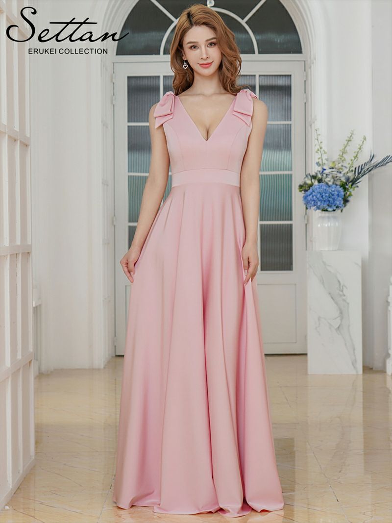 ERUKEI エルケイ ライトピンク Vネック・ノースリーブ・シンプル・サテン・上品・肩リボン・切替・Aライン・ロングドレス ek-s25158