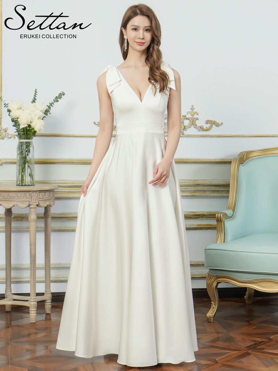 ERUKEI エルケイ Vネック・ノースリーブ・シンプル・サテン・上品・肩リボン・切替・Aライン・ロングドレス ek-s25158