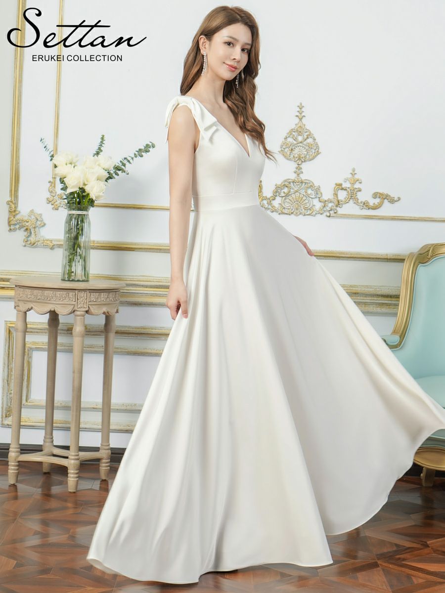 ERUKEI エルケイ Vネック・ノースリーブ・シンプル・サテン・上品・肩リボン・切替・Aライン・ロングドレス ek-s25158