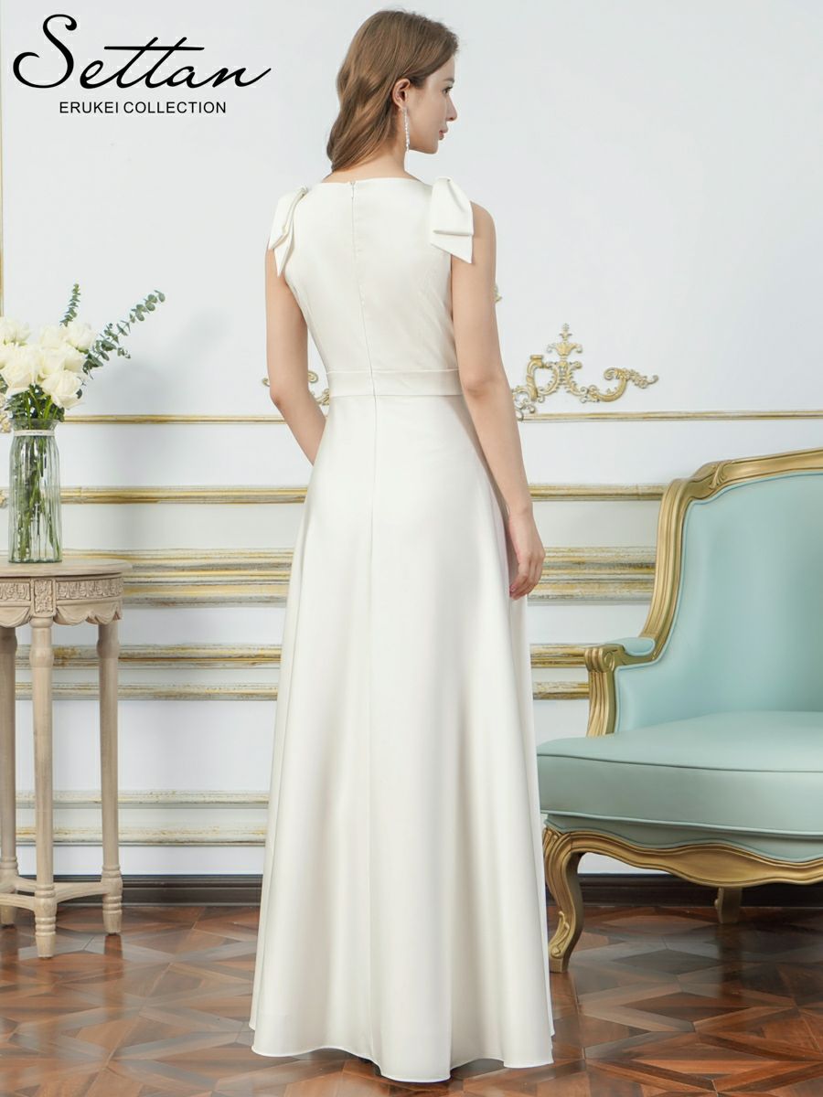 ERUKEI エルケイ Vネック・ノースリーブ・シンプル・サテン・上品・肩リボン・切替・Aライン・ロングドレス ek-s25158