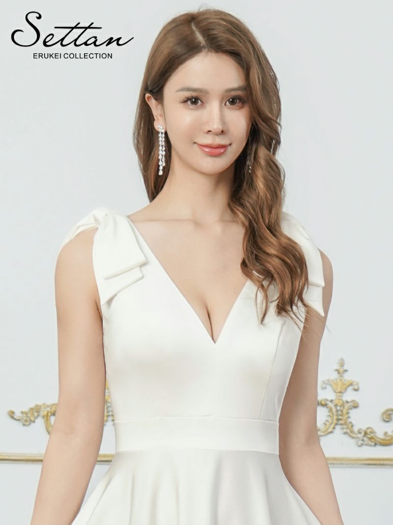 ERUKEI エルケイ Vネック・ノースリーブ・シンプル・サテン・上品・肩リボン・切替・Aライン・ロングドレス ek-s25158