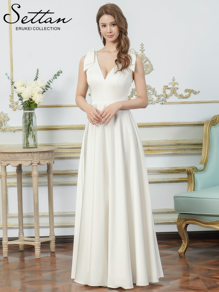 ERUKEI エルケイ Vネック・ノースリーブ・シンプル・サテン・上品・肩リボン・切替・Aライン・ロングドレス ek-s25158