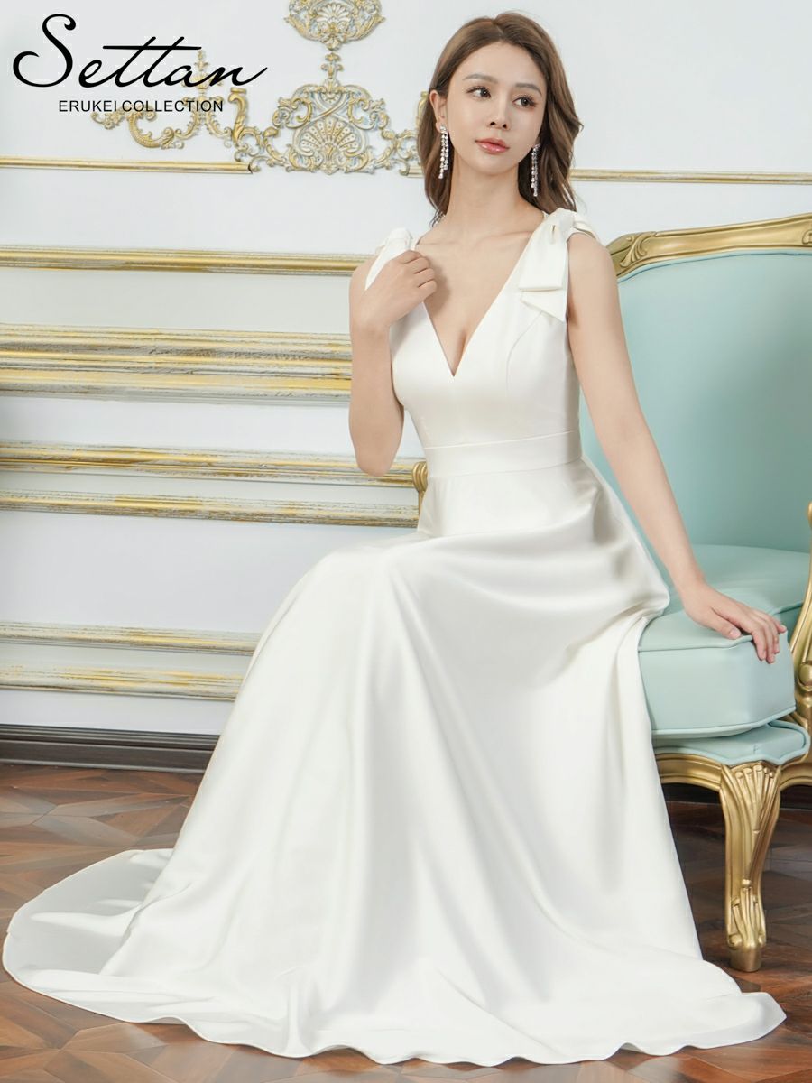 ERUKEI エルケイ Vネック・ノースリーブ・シンプル・サテン・上品・肩リボン・切替・Aライン・ロングドレス ek-s25158