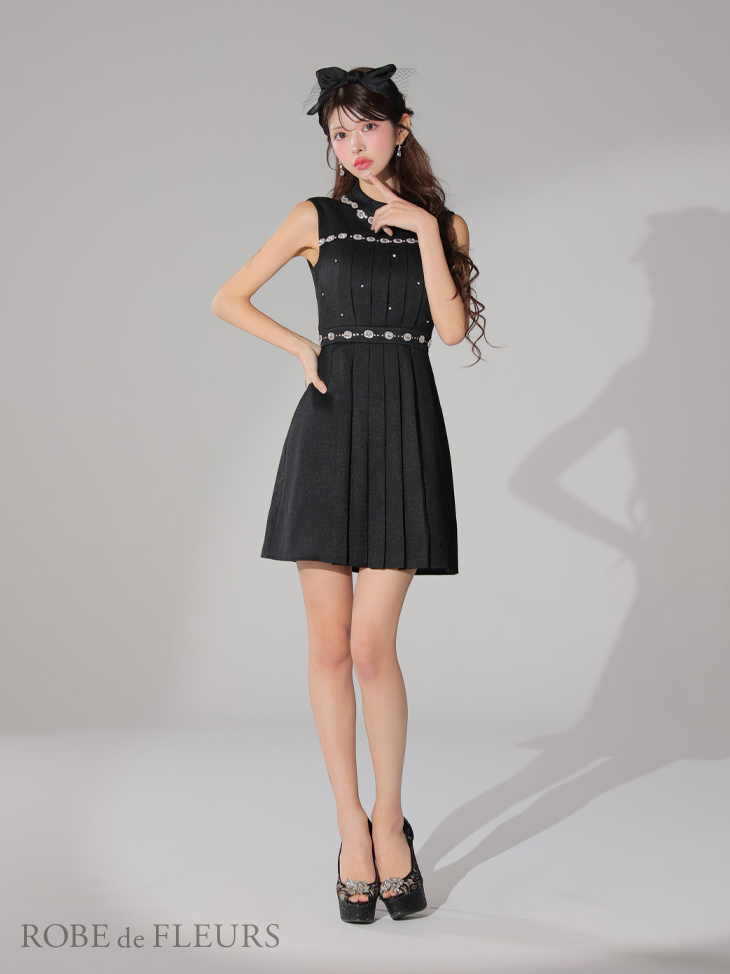 ROBE de FLEURS ローブドフルール スプリングツイード×ビジューフレアミニドレス fm3322