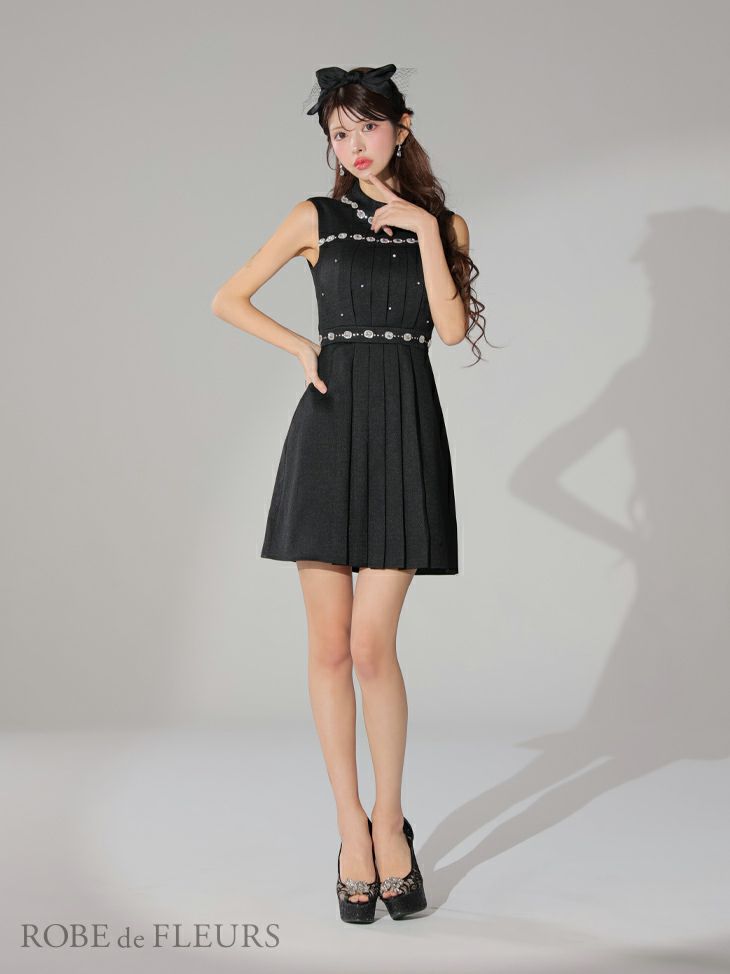 ROBE de FLEURS ローブドフルール スプリングツイード×ビジューフレアミニドレス fm3322