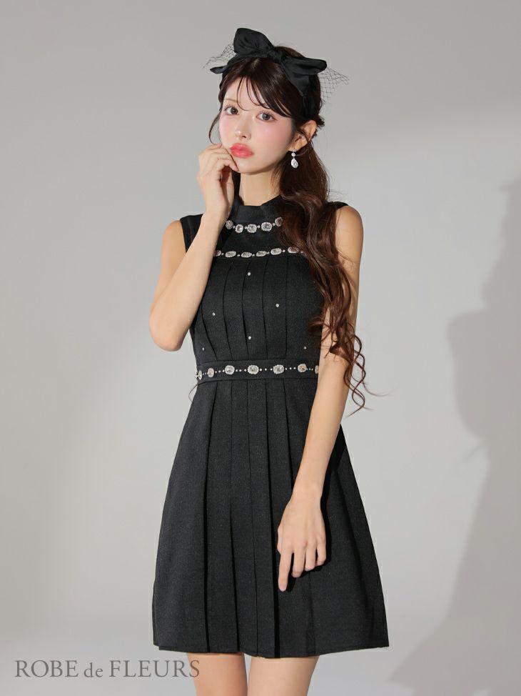 ROBE de FLEURS ローブドフルール スプリングツイード×ビジューフレアミニドレス fm3322