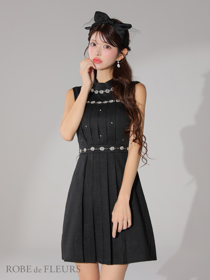 ROBE de FLEURS ローブドフルール スプリングツイード×ビジューフレアミニドレス fm3322