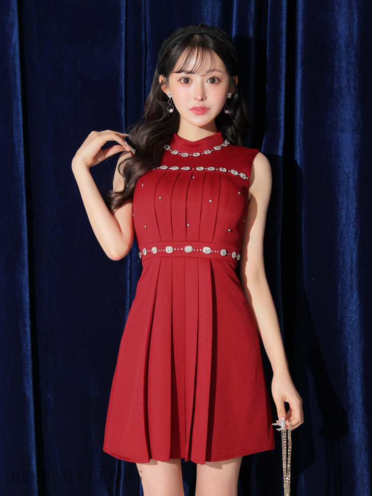 ROBE de FLEURS ローブドフルール スプリングツイード×ビジューフレアミニドレス fm3322