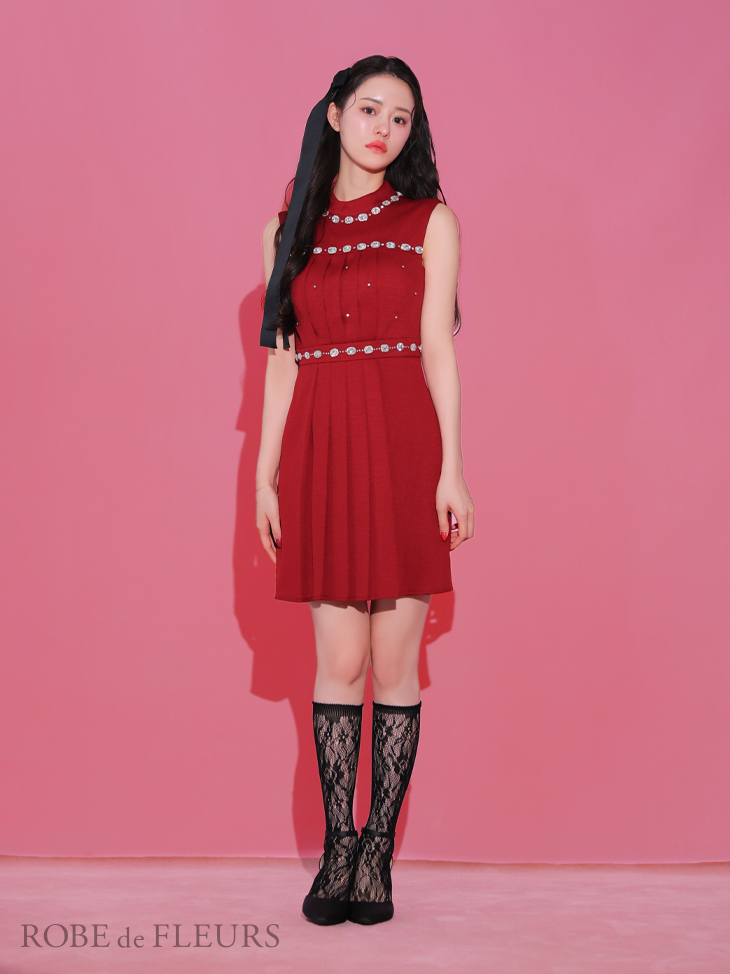 ROBE de FLEURS ローブドフルール スプリングツイード×ビジューフレアミニドレス fm3322