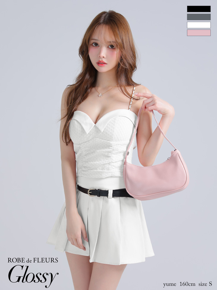 Glossy ローブドフルールグロッシー ベルト付きハートカットセットアッププリーツミニキャバドレス gl4219