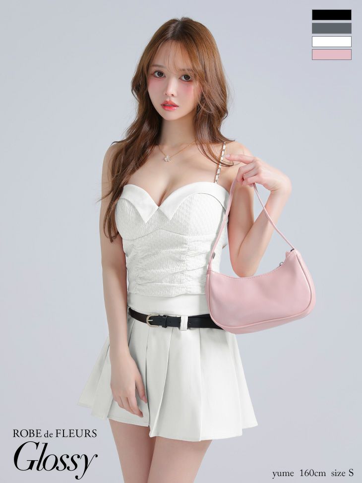 Glossy ローブドフルールグロッシー ベルト付きハートカットセットアッププリーツミニキャバドレス gl4219