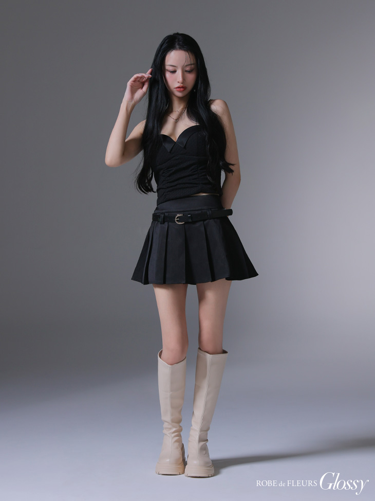 Glossy ローブドフルールグロッシー ベルト付きハートカットセットアッププリーツミニキャバドレス gl4219