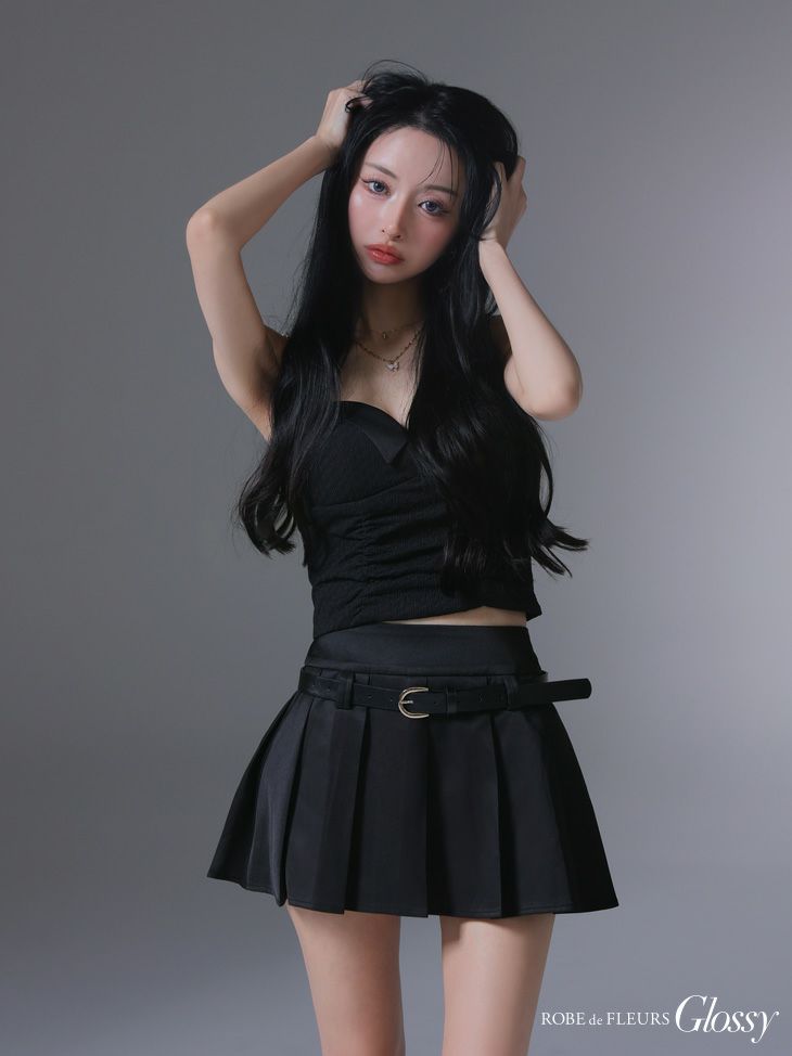 Glossy ローブドフルールグロッシー ベルト付きハートカットセットアッププリーツミニキャバドレス gl4219