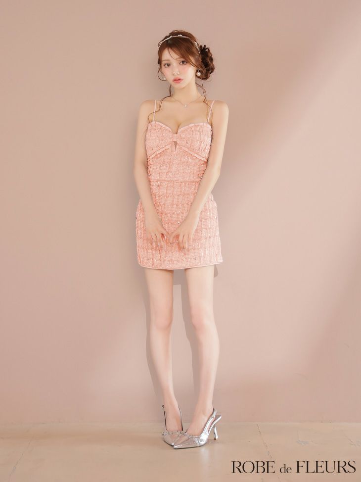 ROBE de FLEURS ローブドフルール スパンコールシフォンリボンセットアップミニキャバドレス fm3464