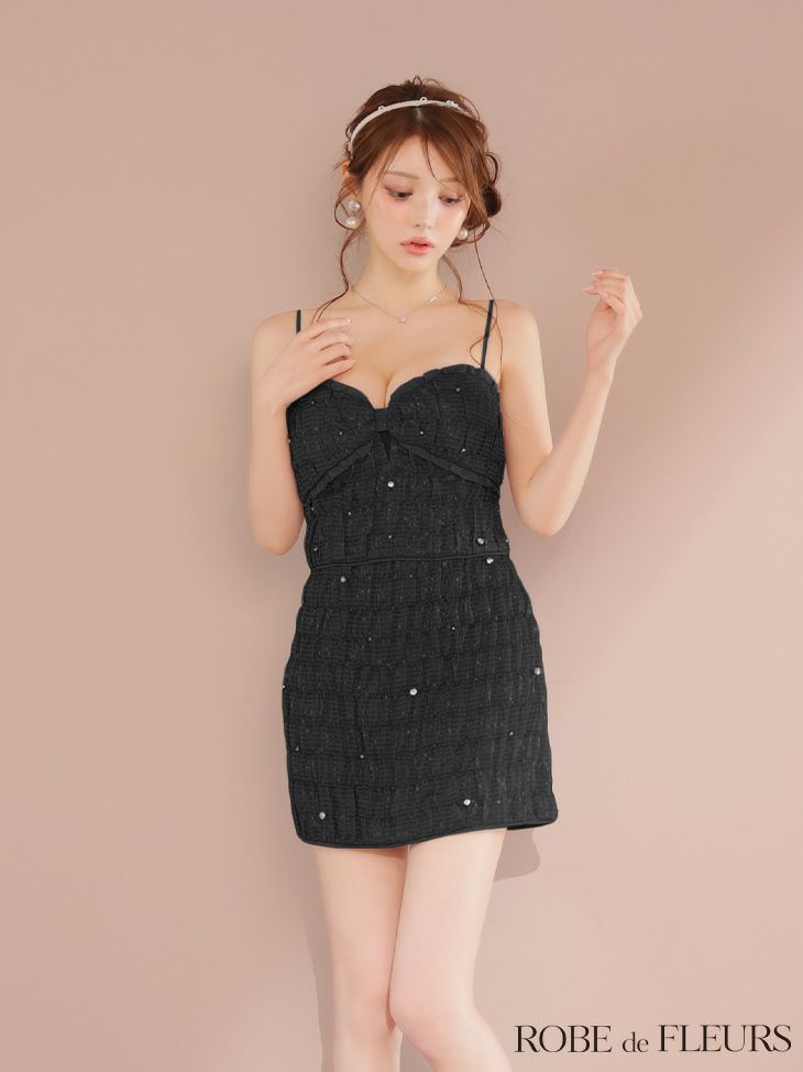 ROBE de FLEURS ローブドフルール スパンコールシフォンリボンセットアップミニキャバドレス fm3464