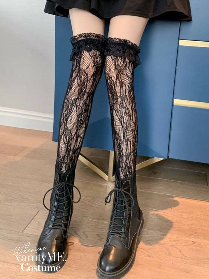 レース付きニーハイラッセルネット網タイツ ブラック・ホワイト vcsit-25062