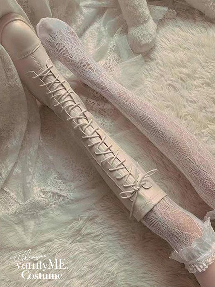 レース付きニーハイラッセルネット網タイツ ブラック・ホワイト vcsit-25062