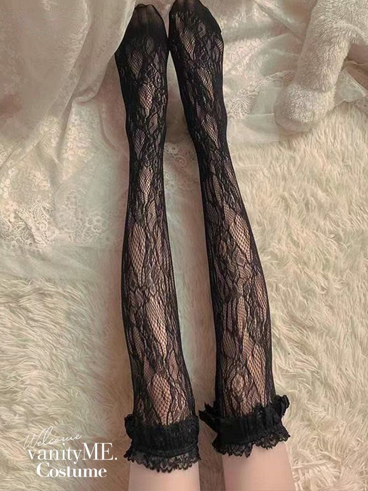 レース付きニーハイラッセルネット網タイツ ブラック・ホワイト vcsit-25062