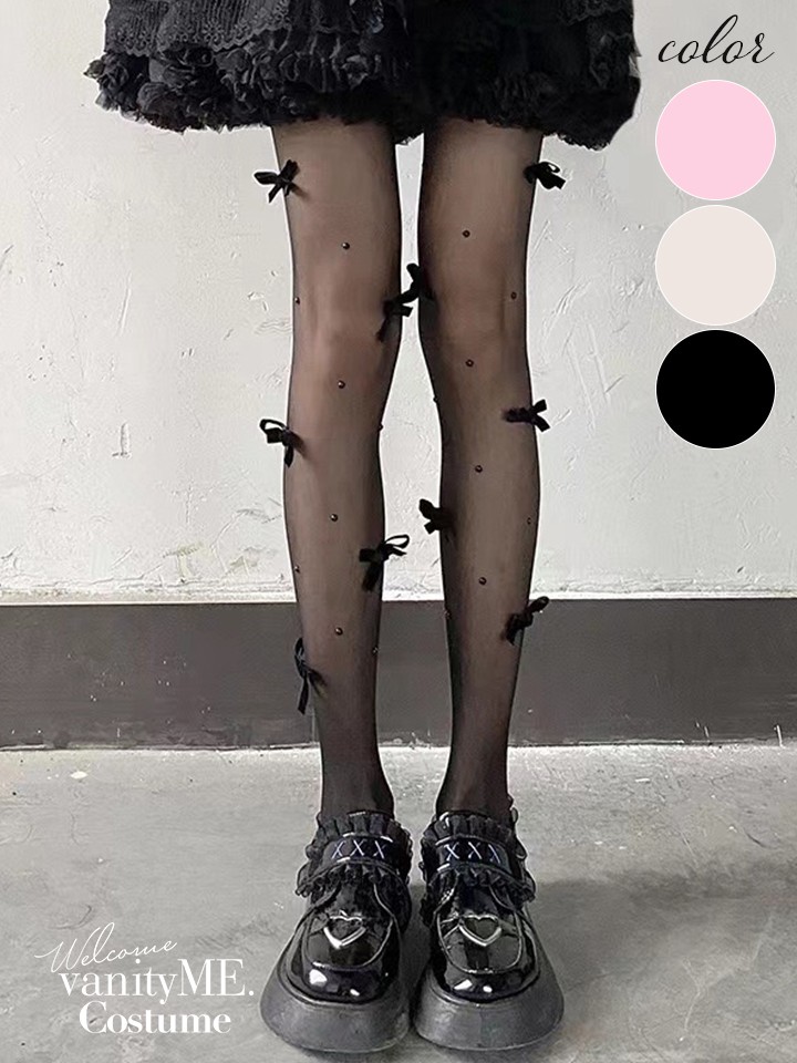 リボン付きバレエコアシアータイツ ブラック・ホワイト・ピンク vcsit-25065