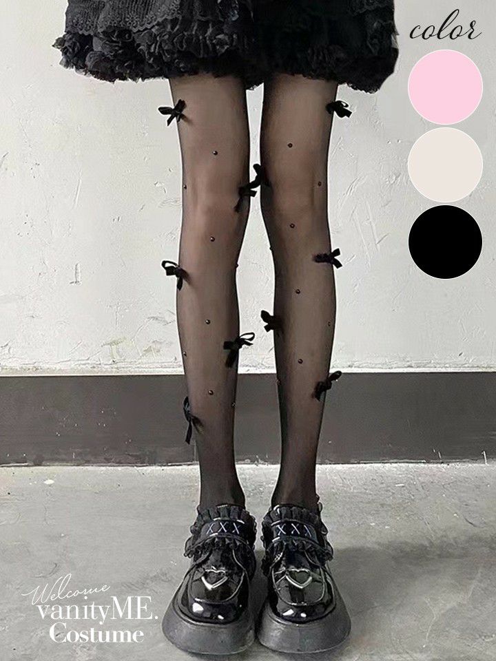リボン付きバレエコアシアータイツ ブラック・ホワイト・ピンク vcsit-25065