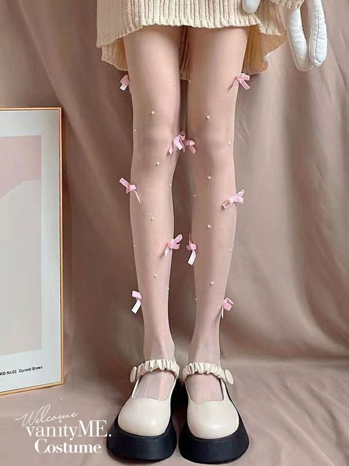リボン付きバレエコアシアータイツ ブラック・ホワイト・ピンク vcsit-25065