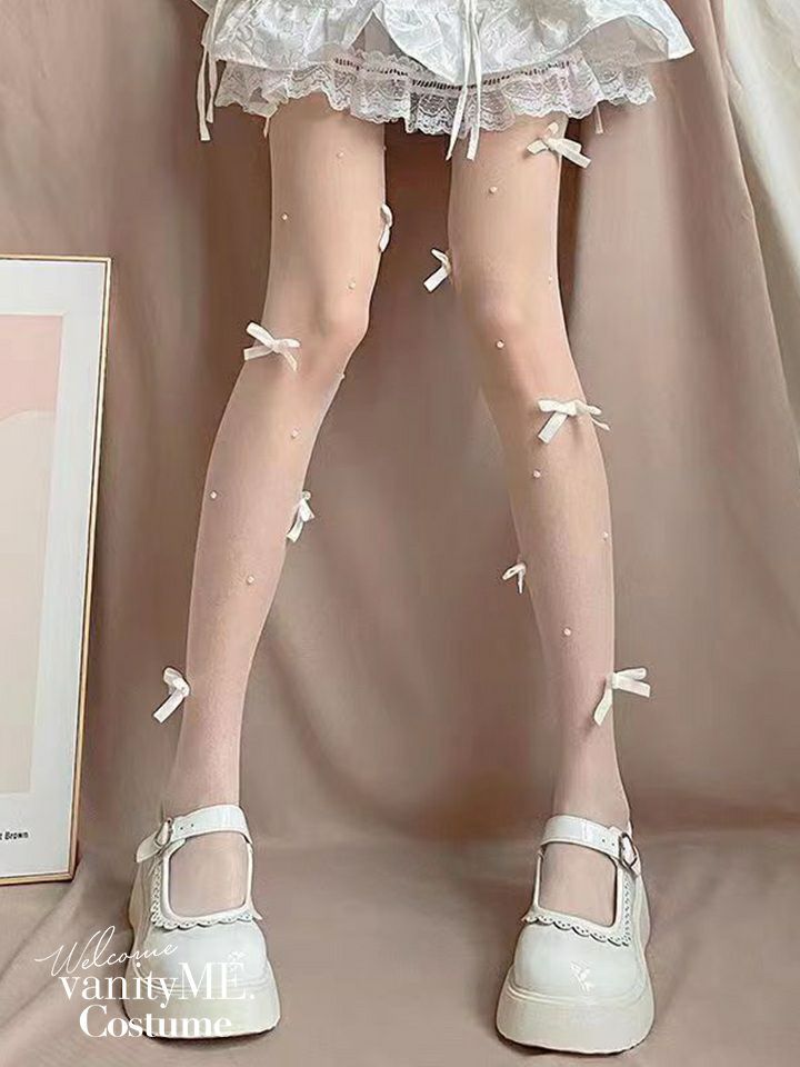 リボン付きバレエコアシアータイツ ブラック・ホワイト・ピンク vcsit-25065