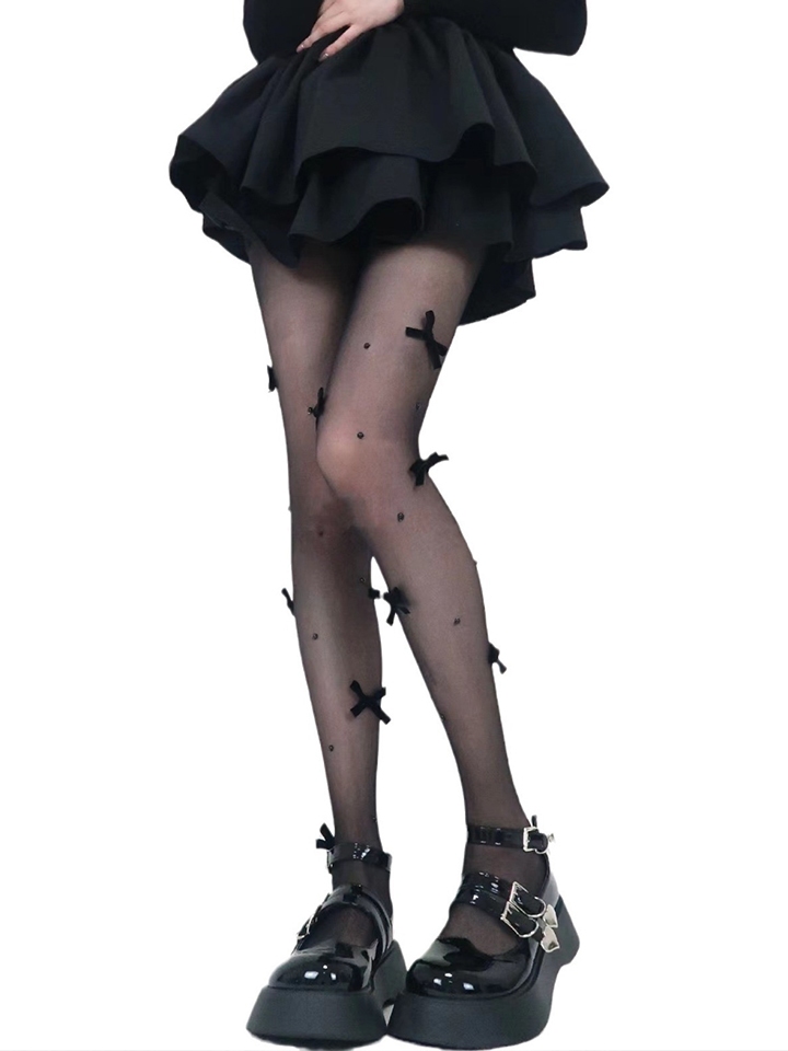 リボン付きバレエコアシアータイツ ブラック・ホワイト・ピンク vcsit-25065