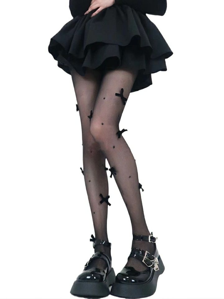 リボン付きバレエコアシアータイツ ブラック・ホワイト・ピンク vcsit-25065