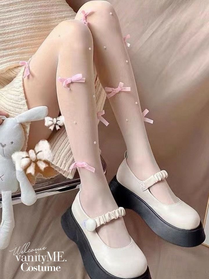 リボン付きバレエコアシアータイツ ブラック・ホワイト・ピンク vcsit-25065