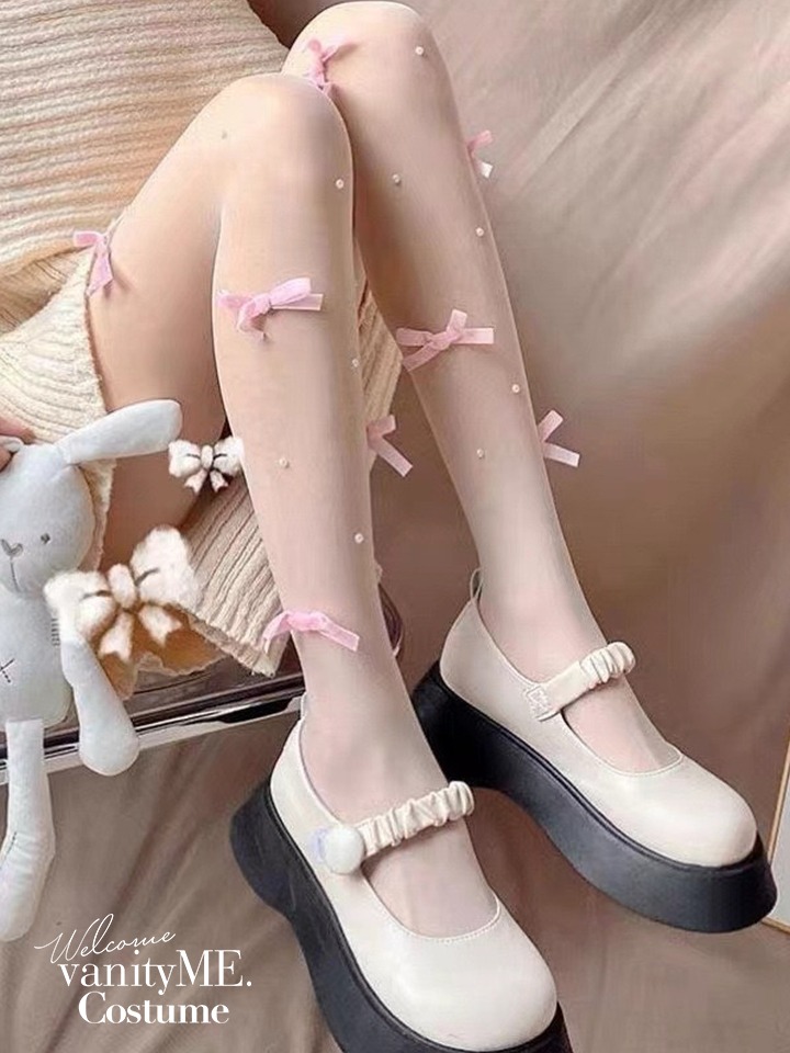 リボン付きバレエコアシアータイツ ブラック・ホワイト・ピンク vcsit-25065