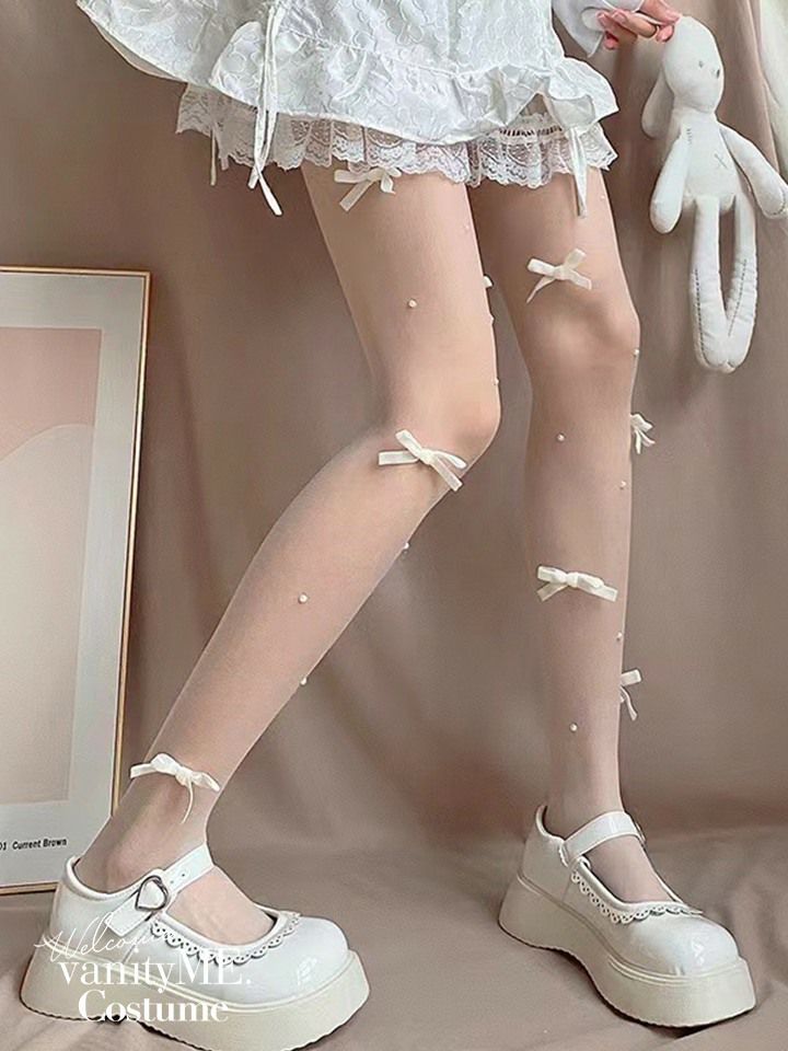 リボン付きバレエコアシアータイツ ブラック・ホワイト・ピンク vcsit-25065