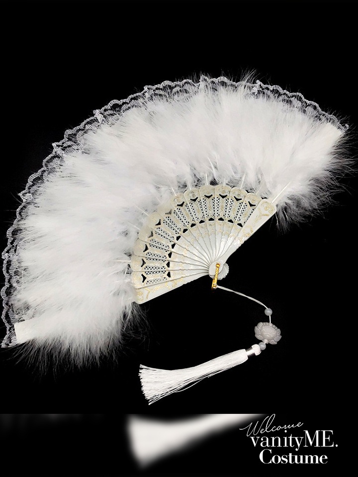 ファー付きレース扇子 ブラック・ホワイト vcsit-25070