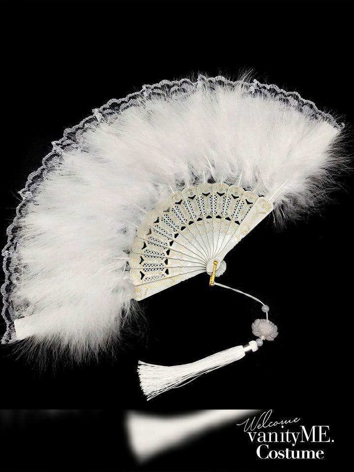 ファー付きレース扇子 ブラック・ホワイト vcsit-25070