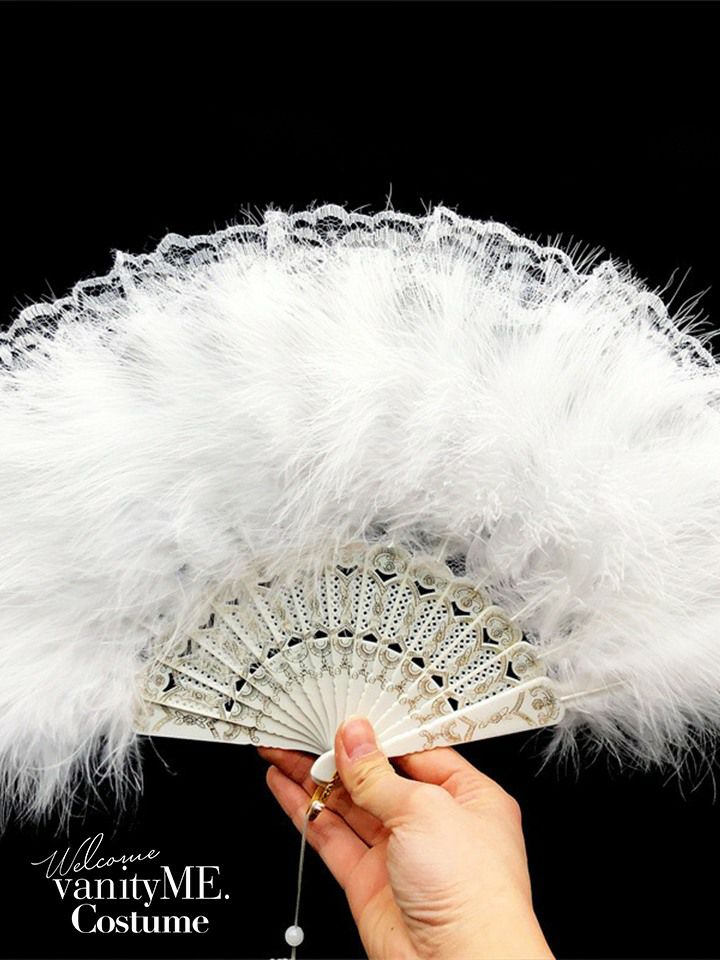 ファー付きレース扇子 ブラック・ホワイト vcsit-25070