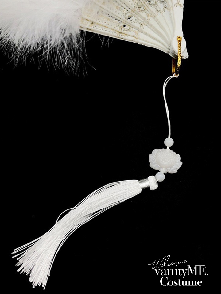 ファー付きレース扇子 ブラック・ホワイト vcsit-25070