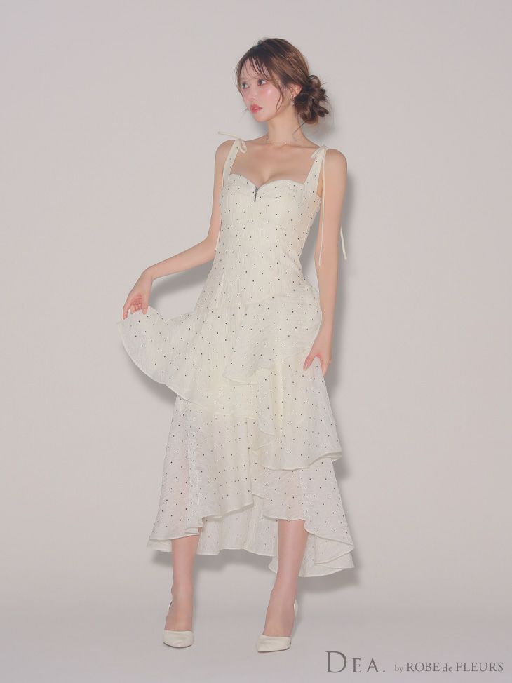 DEA. ディア バイ ローブドフルール ドットフリルティアードフレアロングキャバドレス de4304-c