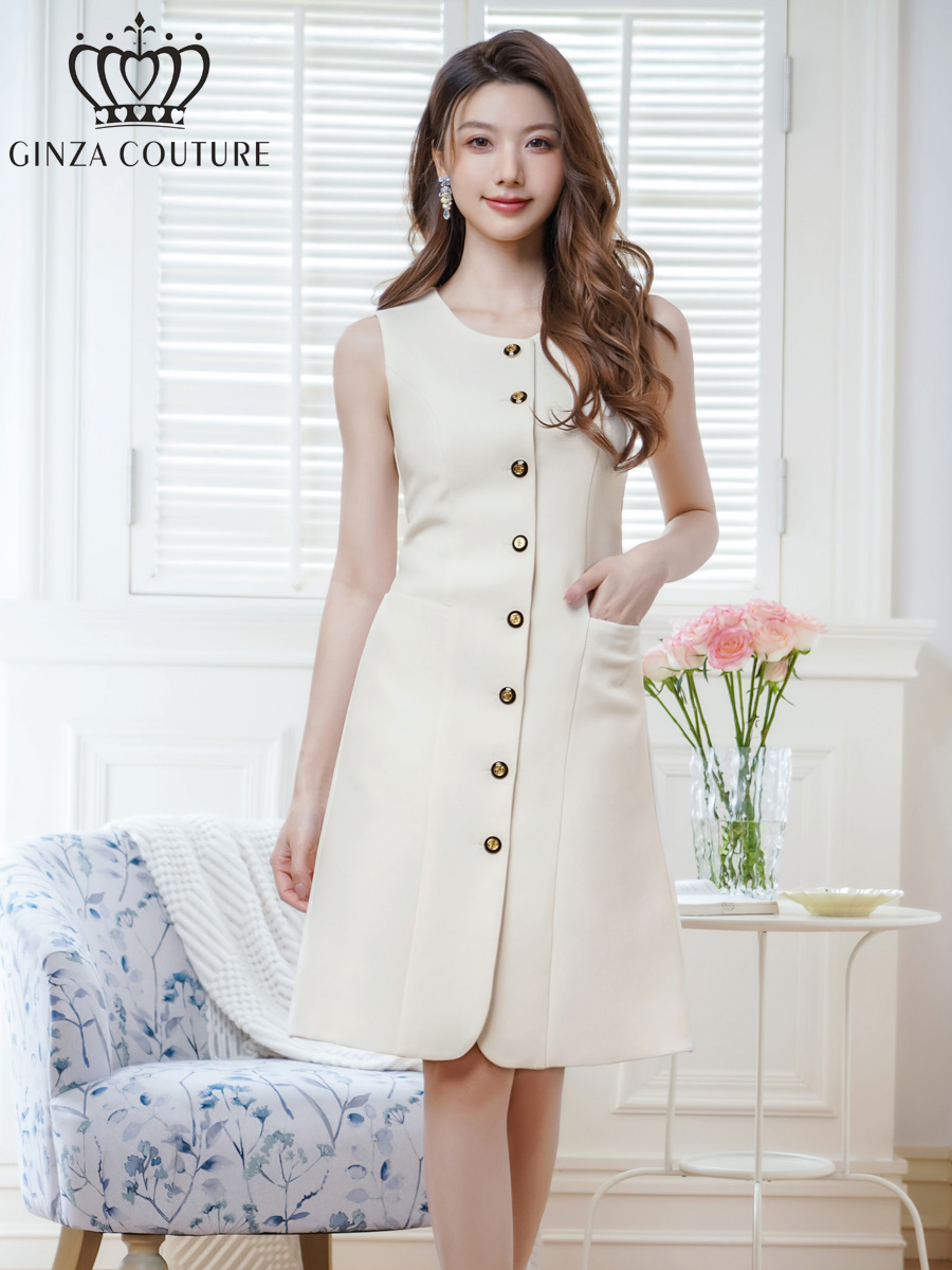 ERUKEI エルケイ アイボリー ノースリーブ・ハニカム生地・金ボタン・ポケット・Aライン・ミディアムドレス・ワンピース ek-c24185