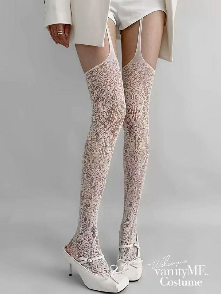 ラッセルネット網ガーターランジェリー風サスペンダーストッキング タイツ ブラック・ホワイト vcsit-25063