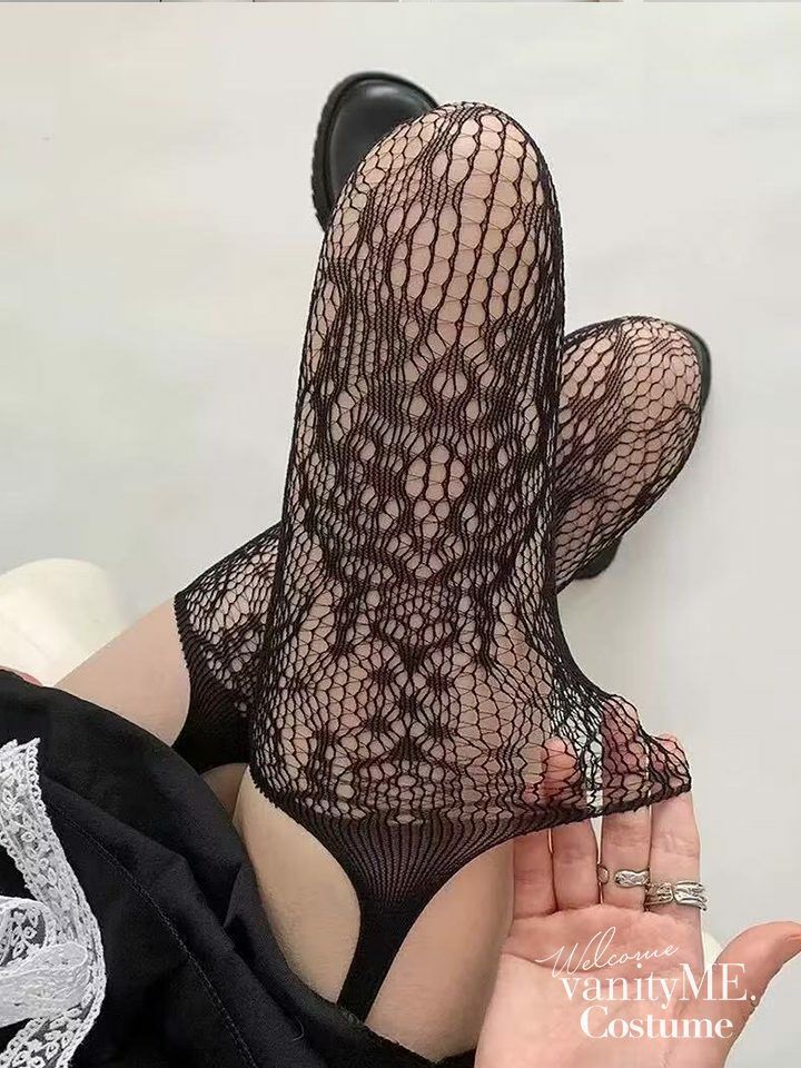 ラッセルネット網ガーターランジェリー風サスペンダーストッキング タイツ ブラック・ホワイト vcsit-25063