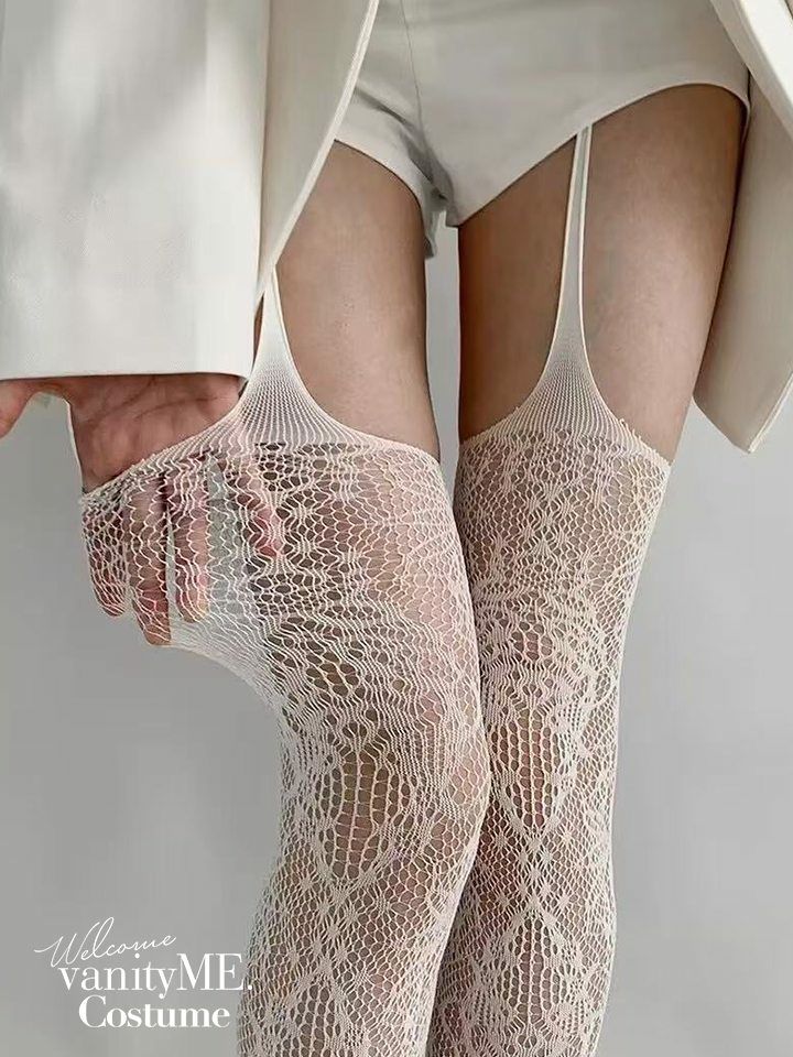 ラッセルネット網ガーターランジェリー風サスペンダーストッキング タイツ ブラック・ホワイト vcsit-25063