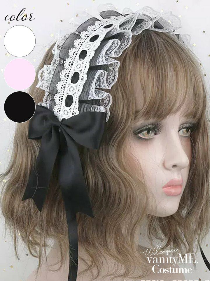リボン×チュールレースヘッドドレス ヘアアクセサリー ブラック・ホワイト・ピンク vcsit-25059